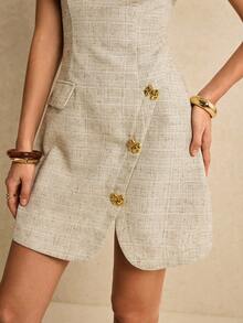 Poéselle 女士圆领裹身优雅短袖迷你连衣裙 - 杏色 - 查看 3