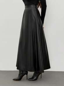 SHEIN Tall 女士优雅长款PU皮裙，秋冬仿皮裙不对称裙 - 黑色 - 查看 2