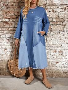 SHEIN LUNE Women's Round Neck Frayed Pocket Distressed Design Fashion Vacation Party Long Sleeve Denim Dress - Blue - View 7