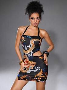 Shutterstock Y2Kool Women's All-Over Print Hollow Out Sleeveless Mini Dress Graphic Dress Cut Out Dress Bodycon Dress Dragon Print Dress Halter Dress Halter Mini Dress Cut Out Bodycon Dress Bodycon Summer Dress Spring Outfits Women Y2K Carnival Clothes,Valentine's Day - Black and Gold - View 1