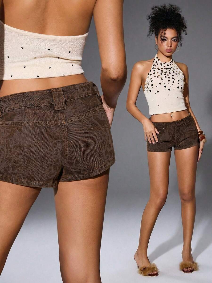 Y2Kool Vecteezy Women's Music Festival Brown Casual Printed Laser-Etched Washed Denim Shorts - Chocolate Brown - View 1