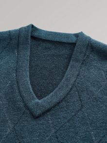 Officeau 男士加厚V领提花毛衣，休闲商务通勤长袖套头衫，秋冬季针织上衣 - 青碧色 - 查看 3