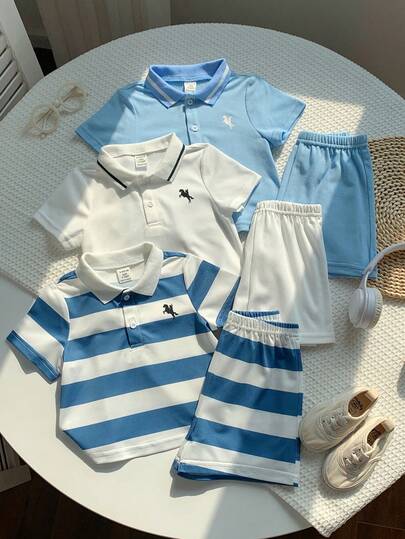 SHEIN 6pcs Baby Boy Casual Preppy Summer Colorblock Polo Shirt & Striped Plaid Shorts 4-Piece Set, Suitable For Birthday Party, Evening Event, Performance, Wedding, Baby Shower, 1st Birthday Celebration