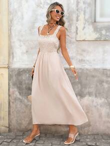 Brillora 女士度假风拼接钩编花卉休闲粗肩带连衣裙 - 杏色 - 查看 4