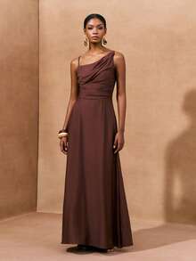 Zivah 2025 Spring New Arrival Asymmetric Ruched Maxi Dress For Vacation ,Summer Dress - Coffee Brown - View 4