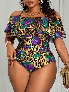 Slaydiva 大码女士连体泳衣，可调节宽肩带，时尚紫色玫瑰豹纹数码印花图案，适合海滩、派对、度假等场合。 - 彩色 - 查看 5