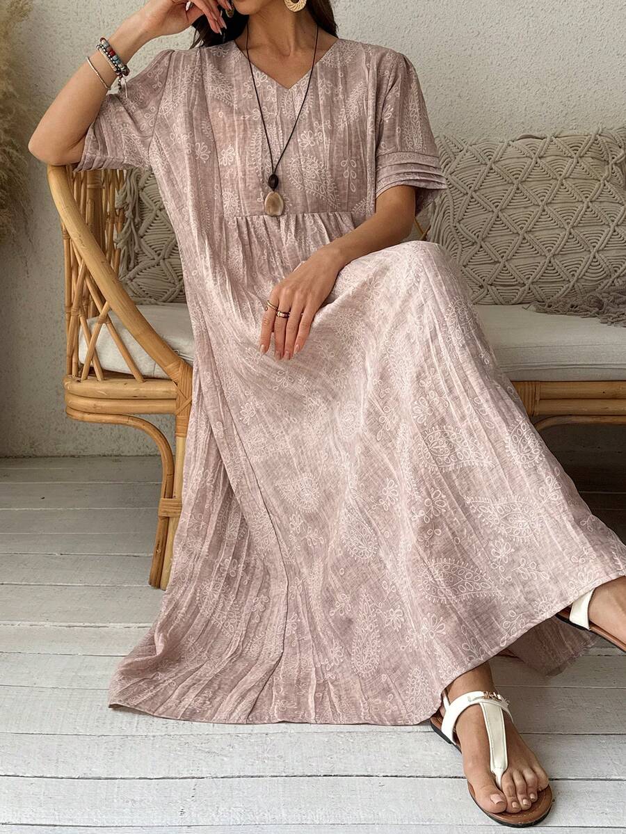 Vivie Lora 女士V领亮面宽松长款连衣裙夏季吊带裙 - 粉色 - 查看 1