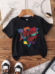 Tetris™ X SHEIN 男童字母图案黑色圆领短袖T恤 - 白色 - 查看 1