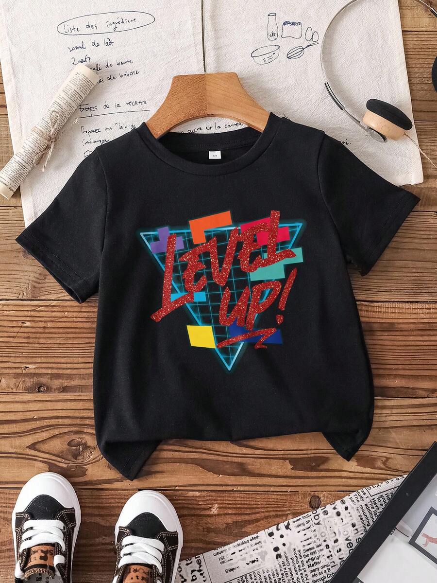 Tetris™ X SHEIN 男童字母图案黑色圆领短袖T恤 - 白色 - 查看 1