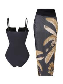 Swim Oasis Bộ đồ bơi nữ 2 mảnh in họa tiết gồm áo quây và váy lưới, kiểu dáng thường ngày, thích hợp cho kỳ nghỉ biển năm 2026. - màu đen - Xem 2