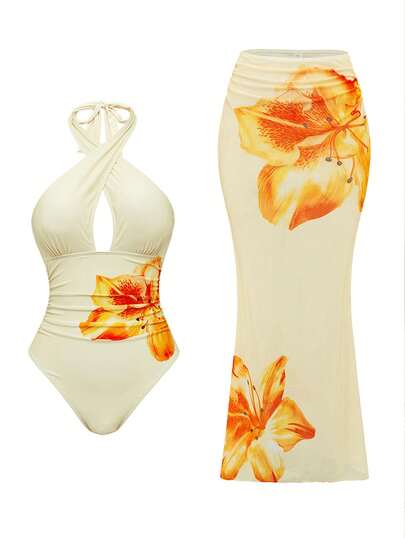 Swim Oasis Conjunto de traje de baño para mujer con parte superior tipo tankini de cuello halter con estampado floral y falda maxi