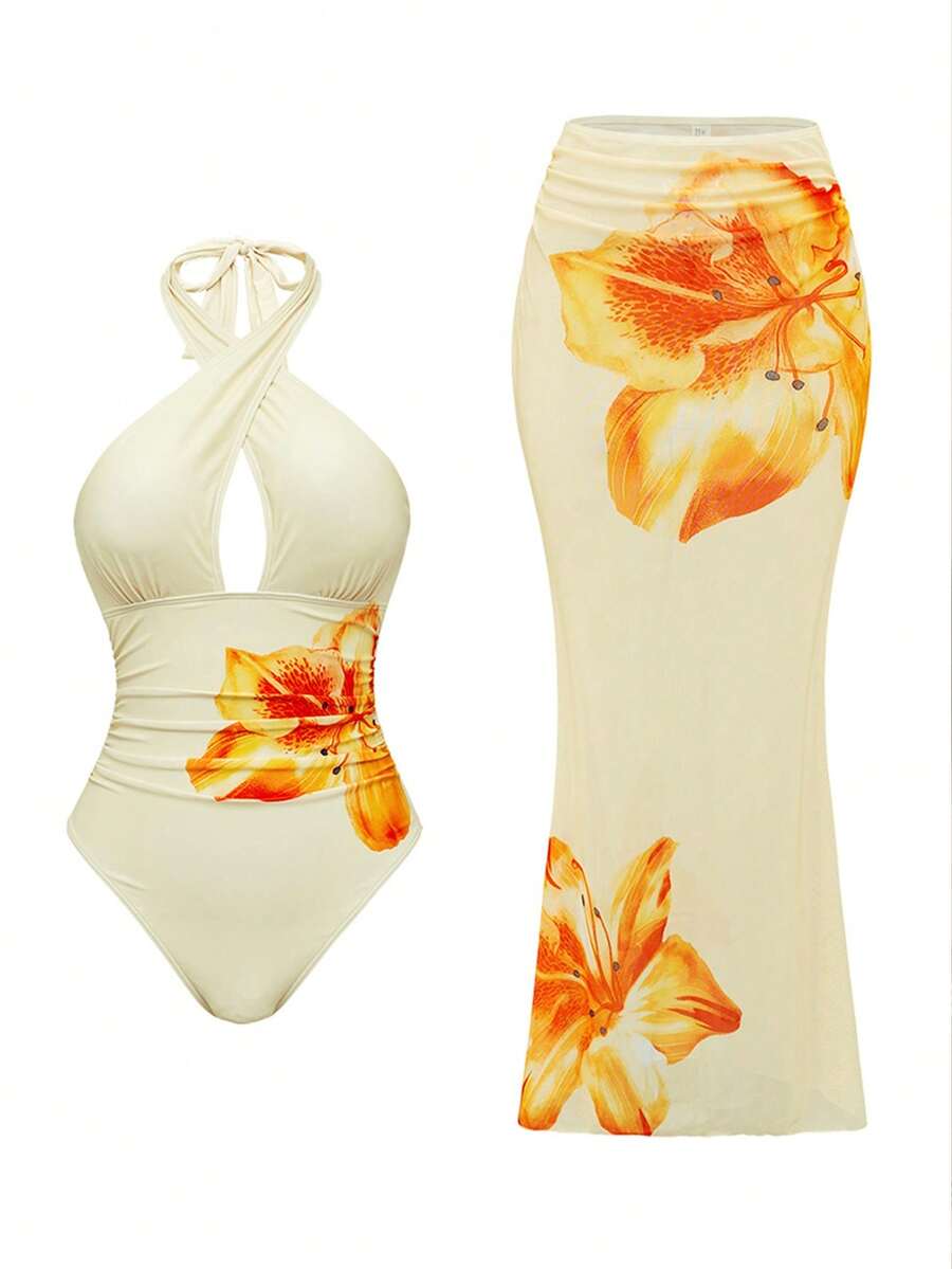 Swim Oasis Bộ đồ bơi nữ Oasis gồm áo tankini cổ yếm in họa tiết hoa và váy maxi. - Vàng nhạt - Xem 1