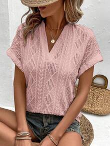 EMERY ROSE Áo thun nữ tay ngắn cổ chữ V họa tiết hình học, kiểu dáng thường ngày. - Hồng - Xem 5