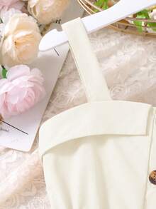 SHEIN Sparklyn 少女翻领吊带纽扣腰带休闲连衣裙 象牙色连衣裙 少女象牙色连衣裙 - 杏色 - 查看 5