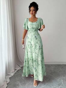 Modelyn Women's Chiffon Butterfly & Bat Wing Sleeve Ruched Cute French Style Summer Dress - Turquoise - View 8