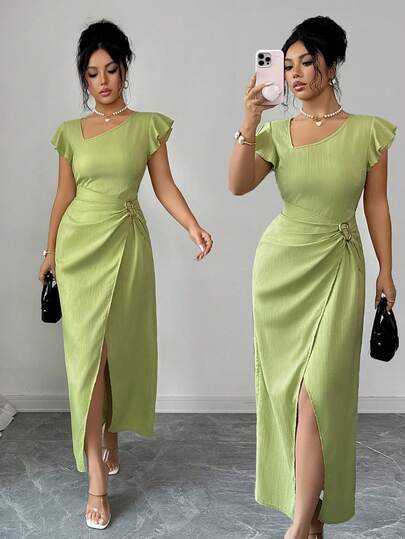 Elenzga Vestido de fiesta elegante para mujer, unicolor con cuello asimétrico, decoración metálica, mangas con volantes, cintura ceñida, bajo con abertura alta, longitud maxi