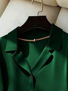 Franclia Elegant Commuter Versatile Blazer Collar Short Sleeve Green Women Shirt - Green - View 4