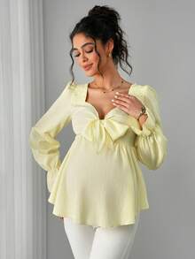 Momance 荷叶边孕妇衬衫，立领，前片褶裥，蝴蝶结，A字下摆 - 黃色 - 查看 3