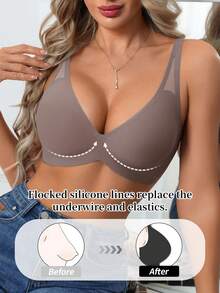 DesireSculpt 1件装女士无缝无钢圈V领文胸，支撑性柔软凝胶衬垫舒适纯色网眼镂空文胸 - 淺灰紫 - 查看 1