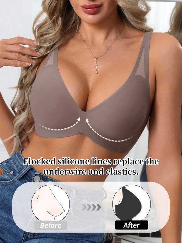 DesireSculpt 1pc Women's Seamless Wireless V-Neck Bra, Supportive Soft Gel Padded Comfortable Solid Color Mesh Hollow-Out Bra