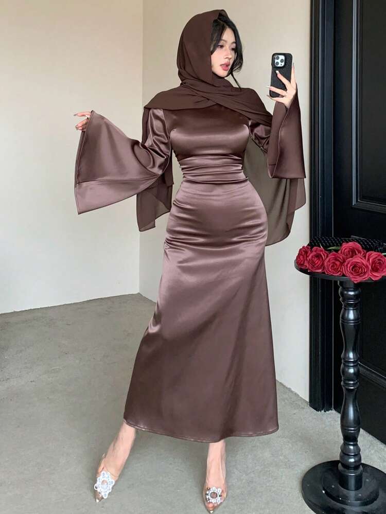 2pcs Set: Brown Shawl Scarf & Fitted Flare Sleeve Dress, Elegant For Parties, Weddings, Formal Events, Fashion Cocktail Dress Spring Wedding Guest Dress Sundress