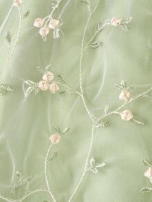 Skyraze 女款鼠尾草綠刺繡泡泡袖網紗中長洋裝，端莊復古宮廷風鄉村風波希米亞風，適合夏季野餐派對婚禮 - 綠色 - 查看 6