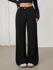 SHEIN PETITE Solid High Waist Seam Detail Black Pants - Black - View 3