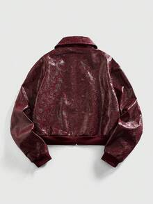 ROMWE MEN Street Life Men's Leather Jacket With Textured Zipper, Fashionable Casual Long Sleeve Outerwear - Burgundy - View 2