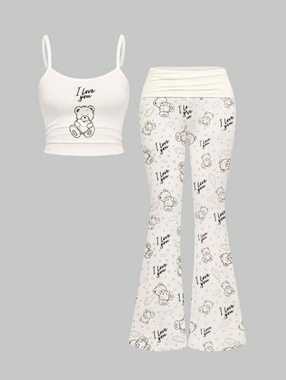 2 pièces Ensemble femme mignon ours cœur nuage kawaii sexy débardeur et pantalon évasé à la taille