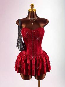 Amplova Women's Strapless Sequin Mini Dress With Waist Cutout, Sexy And Suitable For Valentine's Day, New Year Date Night - Cherry Red - View 4