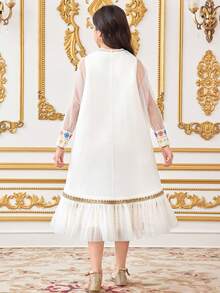 2pcs/Set Girls Loose Elegant Ruffle Trim Round Neck Dress - White - View 3