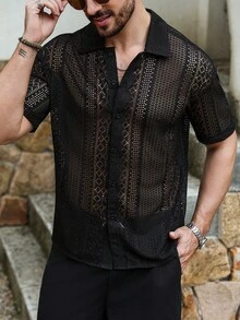 Manfinity RSRT Chemise à manches courtes sexy et transparente avec boutons devant pour hommes, couleur unie