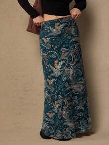 Freevana 大码休闲波西米亚复古西部风佩斯利花纹和腰果花印花百搭棕色针织半身裙，适合秋冬季穿着。 - 綠色 - 查看 3