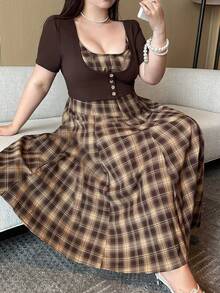 Vibekara Brown Plaid A-Line Loose Woven Dress, Spring/Summer - Brown - View 2