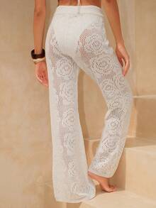 Swim Chiccia Quần ống loe dáng suông, buộc dây, khoét lỗ, màu trơn dành cho nữ, thích hợp mặc mùa hè, giúp thon gọn vóc dáng. - trắng - Xem 2