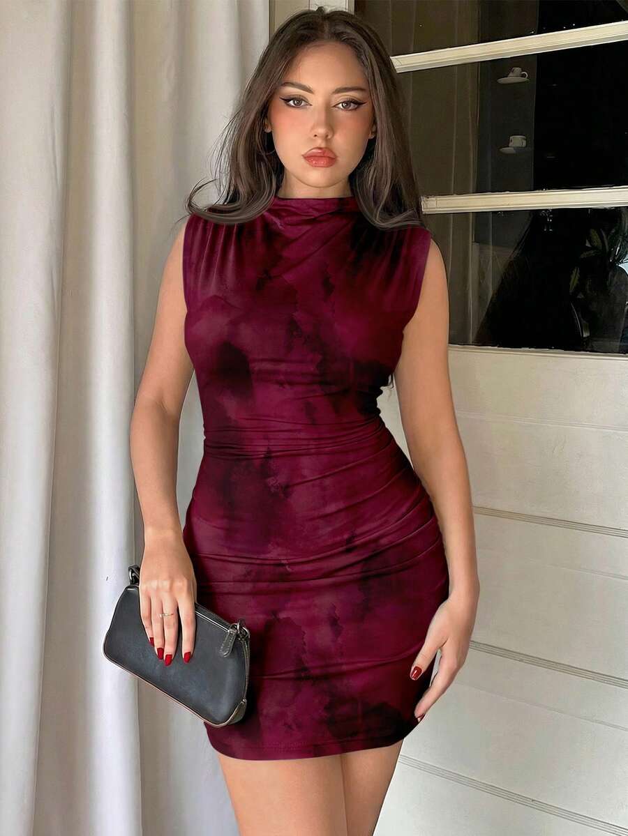 Firerie Women's Elegant Bodycon Sleeveless Mini Dress, Women's Summer Clothing, Tie-Dye Print, Angola Red, Ruched Waist Maroon Mini Dress Elegant Women Dress Ruched Bodycon Dress - Multicolor - View 1