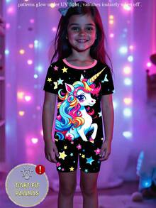 Toddler Girls' Cute Unicorn Print Colorful Star Glow-In-The-Dark Contrast Trim Knit Pajama Set, Comfortable Casual Short Sleeve Top And Shorts Two Pieces Sleepwear - Multicolor - View 6