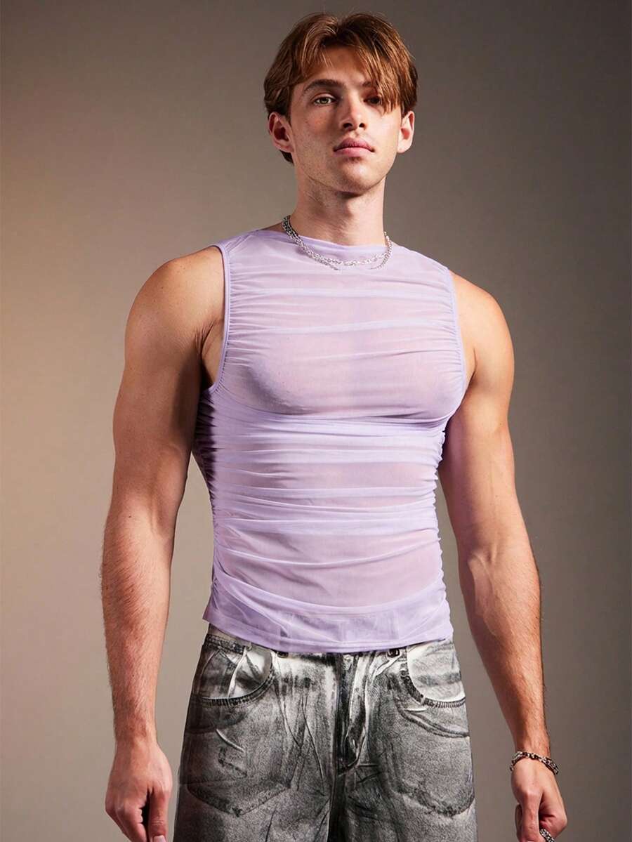 Áo tank top nam FeverCity gợi cảm, chất liệu lưới xuyên thấu, thiết kế xếp nếp, dáng ôm sát. - Màu tím - Xem 1