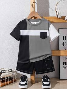 Bộ 2 áo thun tay ngắn cổ tròn họa tiết màu tương phản thường ngày cho bé trai tuổi teen và quần short cargo đường may tương phản, thích hợp mặc khi đi làm, đi học, đi chơi thường ngày, thể thao, mùa xuân/hè - Xám - Xem 2