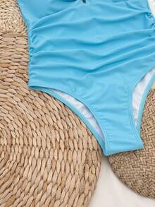 SHEIN 女童浅蓝色星星图案挂脖连体泳衣