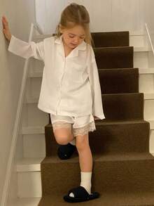 DAZY Young Girls Lace Patchwork Satin Loose Shirt Top & Super Shorts Loungewear Set, Fall Spring - White - View 6