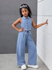 少女春夏假期蝴蝶结扭腰设计休闲宽松牛仔连体裤，立领，适合女孩夏季海滩波西米亚风度假，夏季音乐会、节日、锐舞派对等场合，也适合女孩夏季早午餐、教堂、毕业典礼等场合，以及街头风返校季穿着。 - 淺色水洗藍 - 查看 7