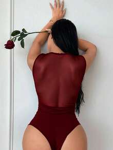 SHEIN PETITE CURVE 大码纯色网纱拼接无袖性感连体衣 - 酒紅色 - 查看 2