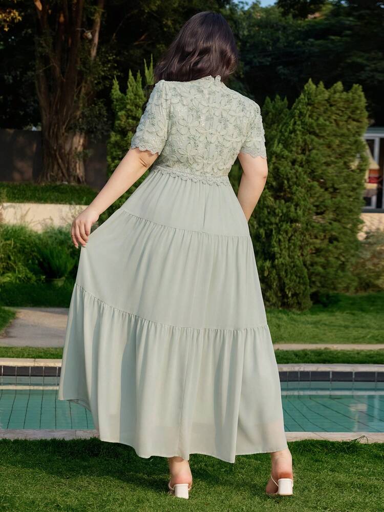 Dazy Plus V-Neck Lace & Floral Patchwork Short Sleeve Chiffon Waist Cinched Elegant Maxi Dress, Plus Size For Women, Spring/Summer Sundress