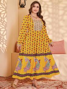 Al Najma Großgrößen Kleid mit Blume Muster und quadratischem Ausschnitt, elegant, Herbst - Gelb - Übersicht 3