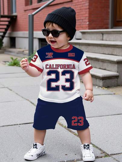 2pcs/Set Toddler Boys' Casual Creative Graphic Striped Number 23 Letter Print Short Sleeve T-Shirt And Shorts Set, Comfortable Daily Wear, Suitable For Spring, Summer And Autumn Toddler Boy Two Piece Set Kids Red White Blue Outfit 2 Piece Boy Summer Set Boys Jersey Set 2 Piece Kids Set