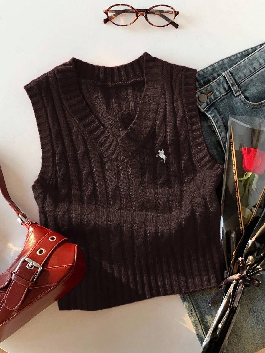 Comfortcana 加大码V领扭结骑马图案休闲毛衣背心，秋冬款 - 巧克力棕 - 查看 1