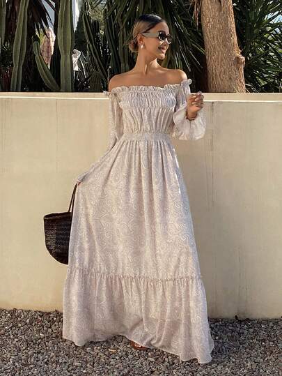 Livesso Spring & Summer Ditsy Floral Chiffon Dress, Elegant Casual Beach Vacation Style, Cinched Waist, Flared Sleeves, Off Shoulder, Midi Length For Women