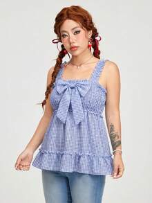 ROMWE Kawaii Cute Plaid Pattern Bow Decor Camisole - Multicolor - View 3