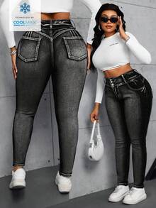 SHEIN SXY Plus Size Casual Washed Slant Pocket High Waist Skinny Jeans - Black - View 1